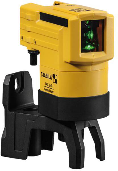Yellow laser level on a tripod, emitting green light. Used for construction and levelling work.