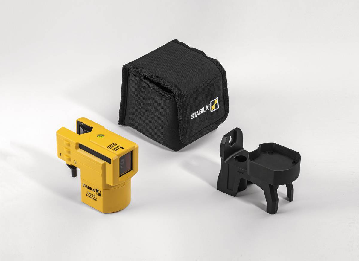 Yellow laser measuring device, black mounting bracket and black case with 'Stabila' logo on white background.