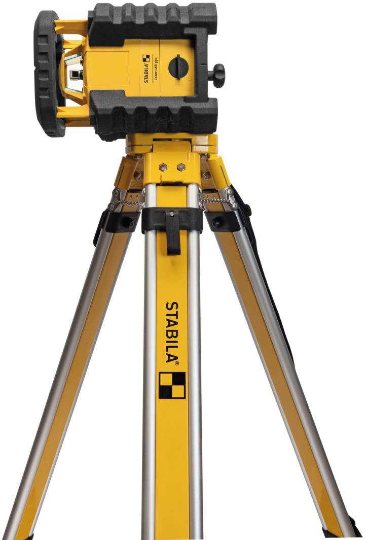 Yellow construction tripod with mounted laser measuring device. 'Stabila' logo visible on the tripod.
