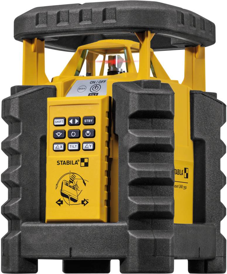 A yellow, robust laser level with black protective frames. Control elements and brand logo visible on the front.