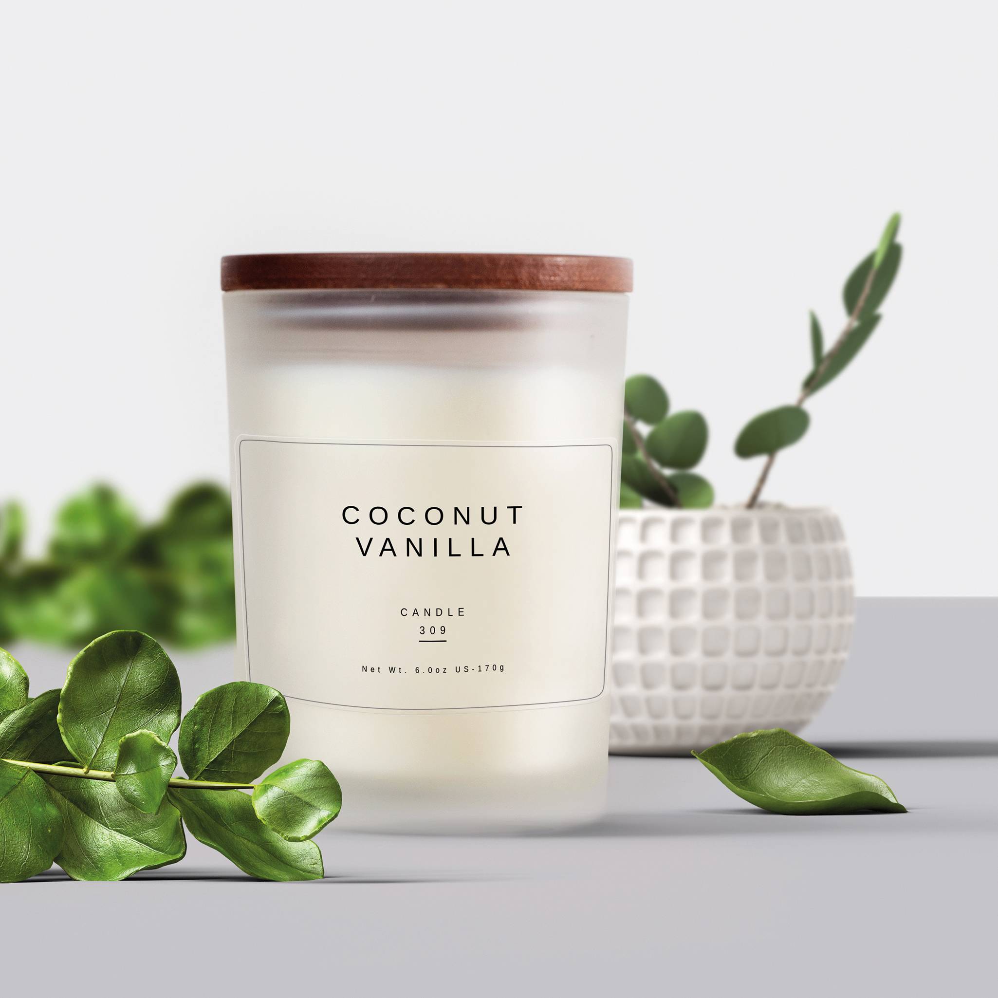 A glass jar with the label 'Coconut Vanilla Candle' sits in front of a white pot with green plants, on a grey surface.