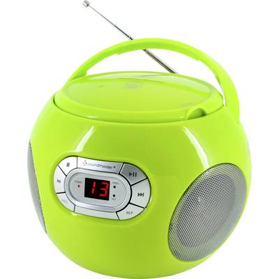Bright green portable boombox with handle, antenna, speaker grilles, and digital display showing 13.
