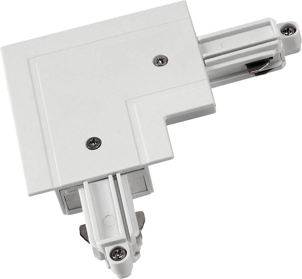 A white, L-shaped electrical connector with three screws mounted, used for busbar lighting systems.