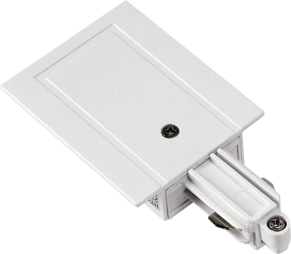 A white ceiling mounting adapter for a rail system, featuring a rectangular cover and a mounting mechanism.
