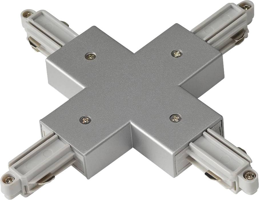 Silver X-shaped ceiling connector for rail systems with four connections, suitable for power distribution in lighting systems.