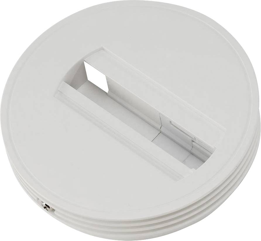 Round, white plastic lid with a rectangular opening in the centre. Could belong to a household appliance or device.