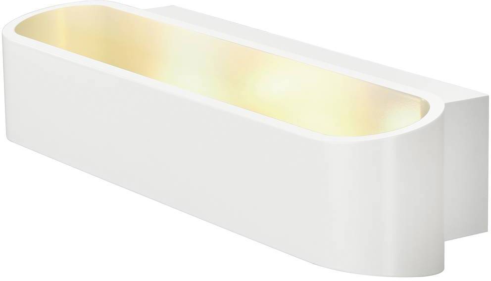 White wall light with an oval design and soft, warm illumination, suitable for contemporary interior spaces.