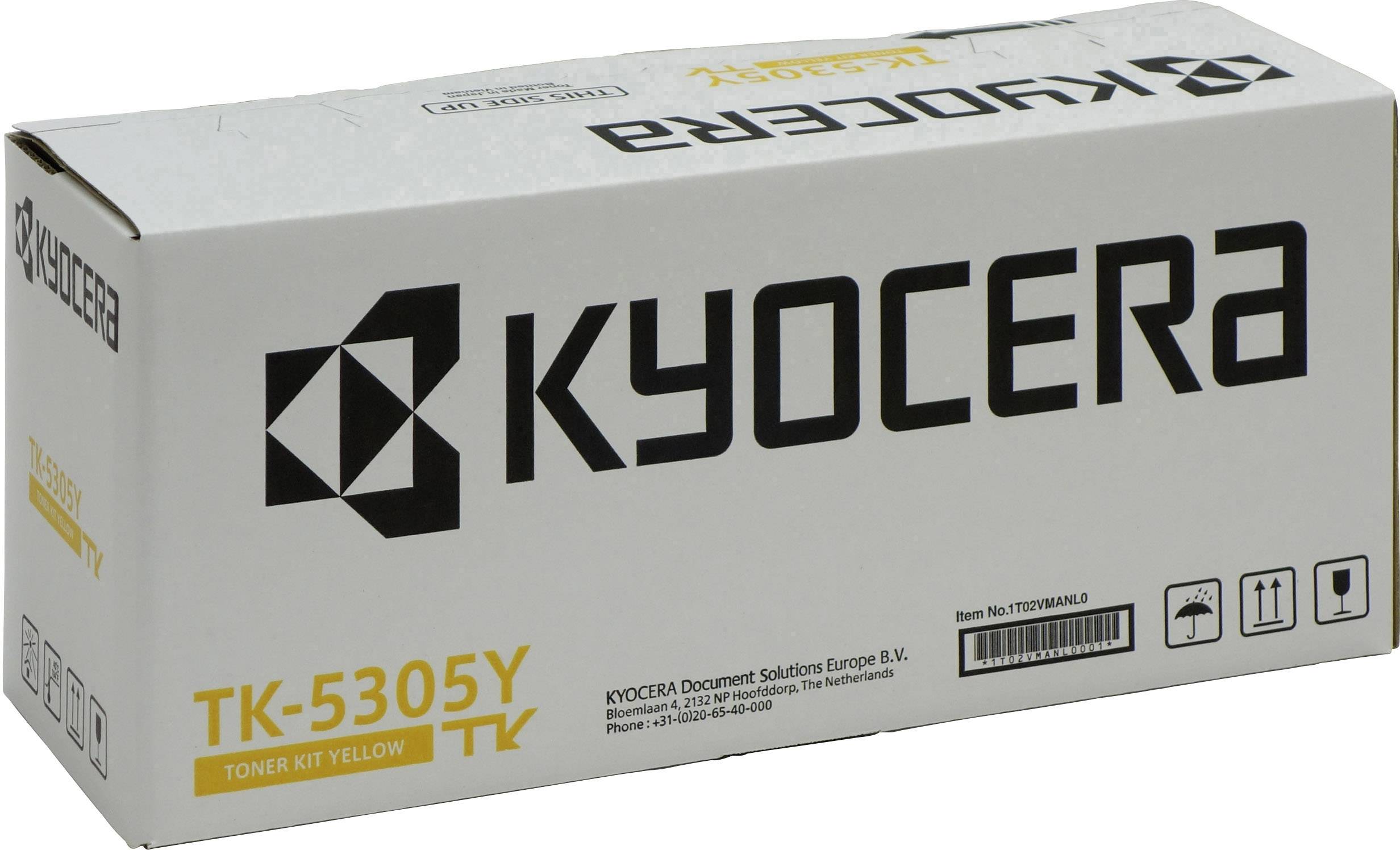 'KYOCERA Toner Kit TK-5305Y' cardboard packaging with product information and logos on a white background.