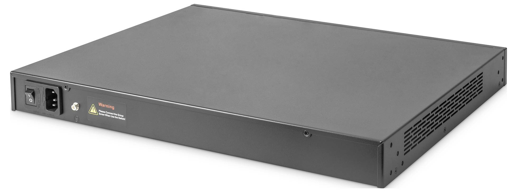 Slim, black network enclosure with ventilation slots and power connection on the rear, suitable for electronic components.