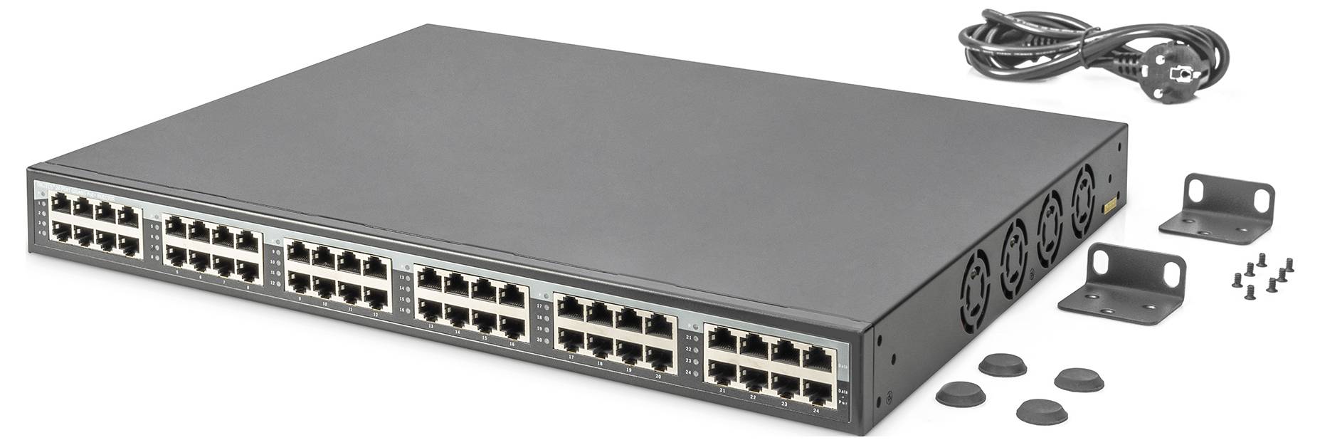 A network switch with 48 Ethernet ports. Includes accessories such as a power cable, mounting brackets and screws.