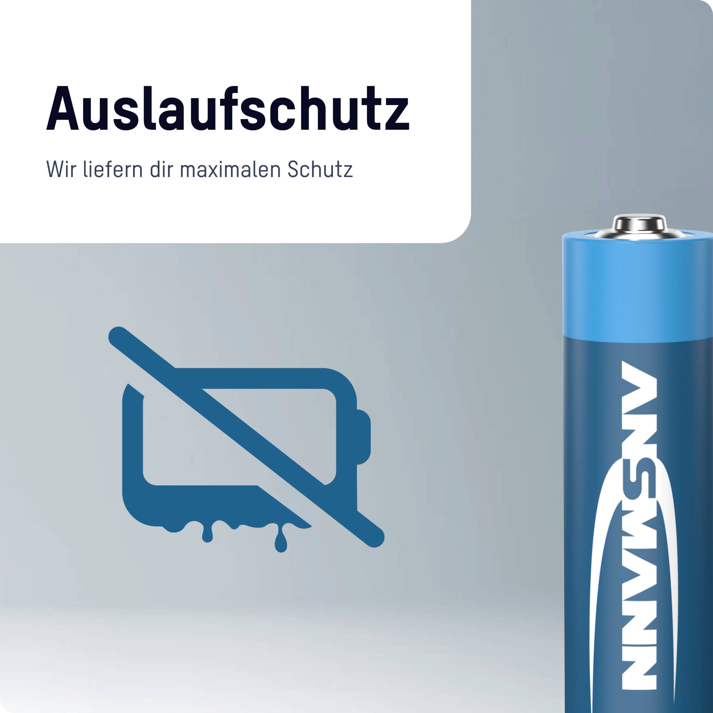 A battery with the label 'Leak Protection'. Symbol of a crossed-out leaking battery next to it. Text: 'We provide maximum protection'.