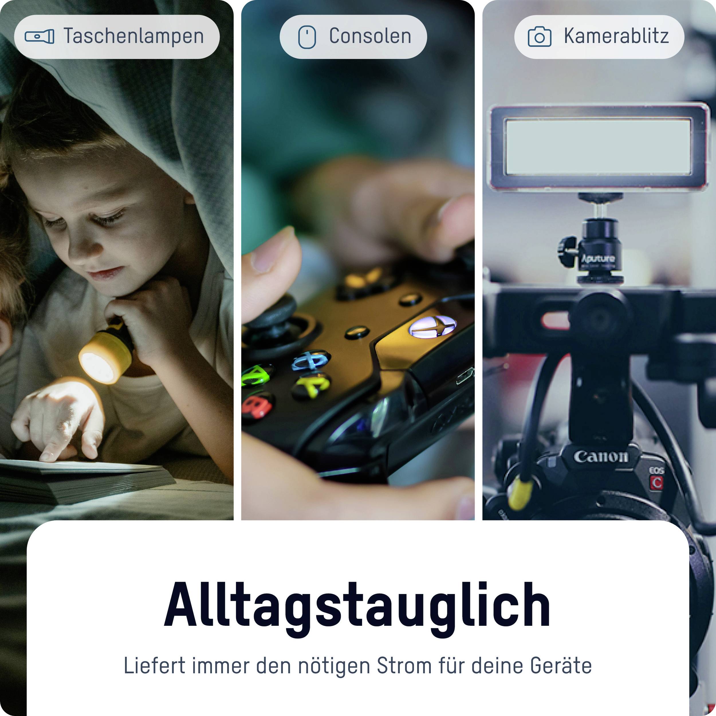 The image shows three pictures: children with a torch, hands with a games console controller, and a camera flash. Text: 'Practical for everyday use – Always provides the necessary power for your devices'.