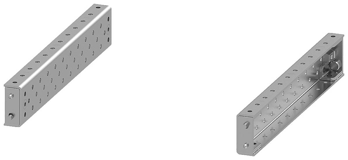 Two rectangular, perforated steel metal struts, one fitted with clips. They are used for connecting or stabilising structures.