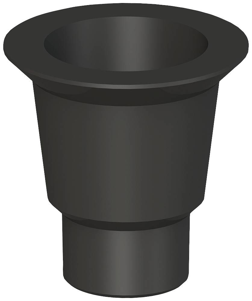 Black, conical funnel with a wide opening, used for pouring liquids or small solid substances into narrow containers.