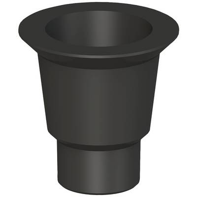 Black, conical funnel with a wide opening, used for pouring liquids or small solid substances into narrow containers.