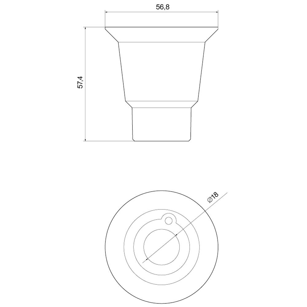 Technical drawing of a GU10 lamp with dimensions: height 57.4 mm, top diameter 56.8 mm, base Ø 18 mm.