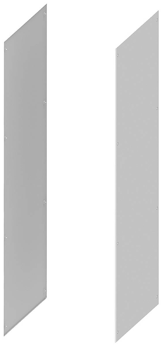 Two grey, rectangular plates stand vertically opposite each other, with an empty white space between them.