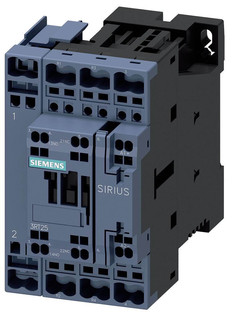 A blue electric contactor from Siemens of the SIRIUS series, model number 3RT125, with visible connections and brand logo.