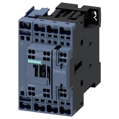 A blue electric contactor from Siemens of the SIRIUS series, model number 3RT125, with visible connections and brand logo.