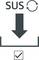 'SUS' symbol with recycling arrows, underneath a large downward-pointing arrow, with a tick in a box at the bottom edge.