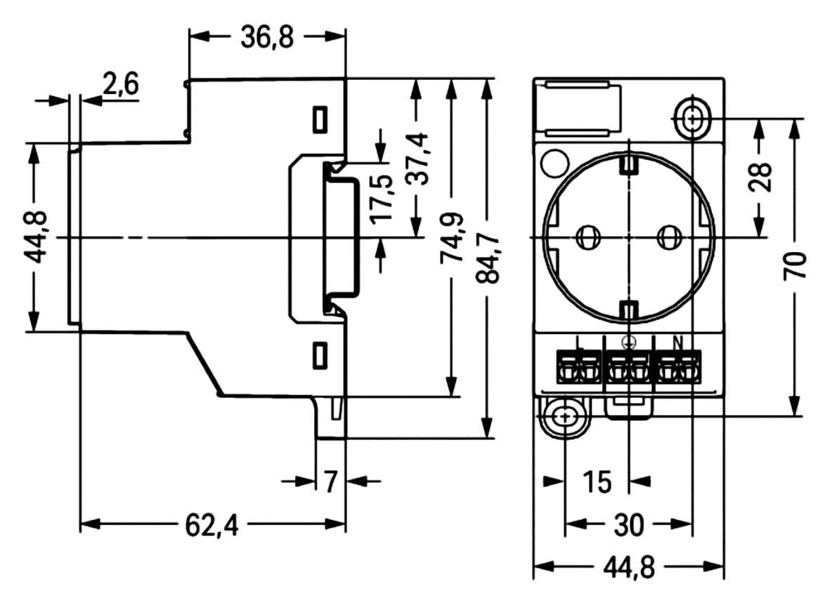 Technical drawing of an electrical socket housing with dimensions in millimetres. Shows side and front view with detailed measurements.