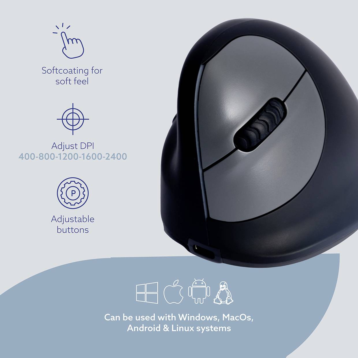 R-GO Tools RGOHEWLL Ergonomic mouse Radio Size: M Optical Black, Silver 4 Buttons 1750 dpi Ergonomic-6