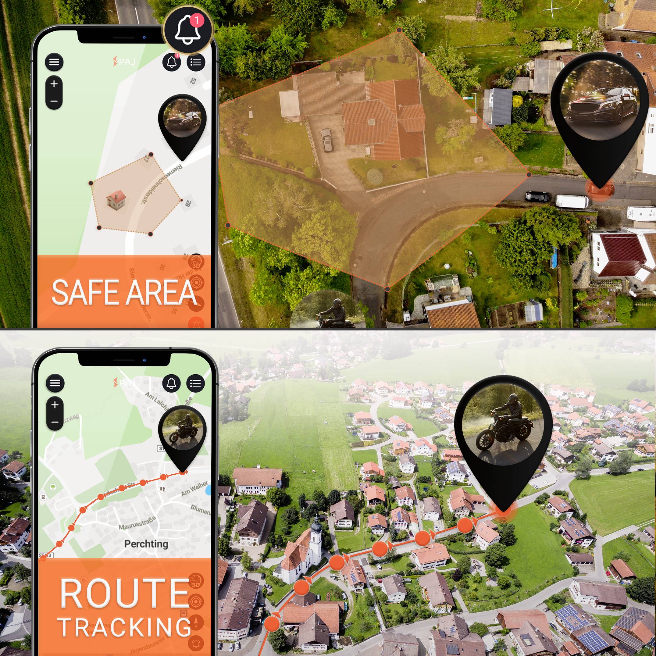 Map showing a 'SAFE AREA' and 'ROUTE TRACKING', depicting the tracked route through a village and marked locations.
