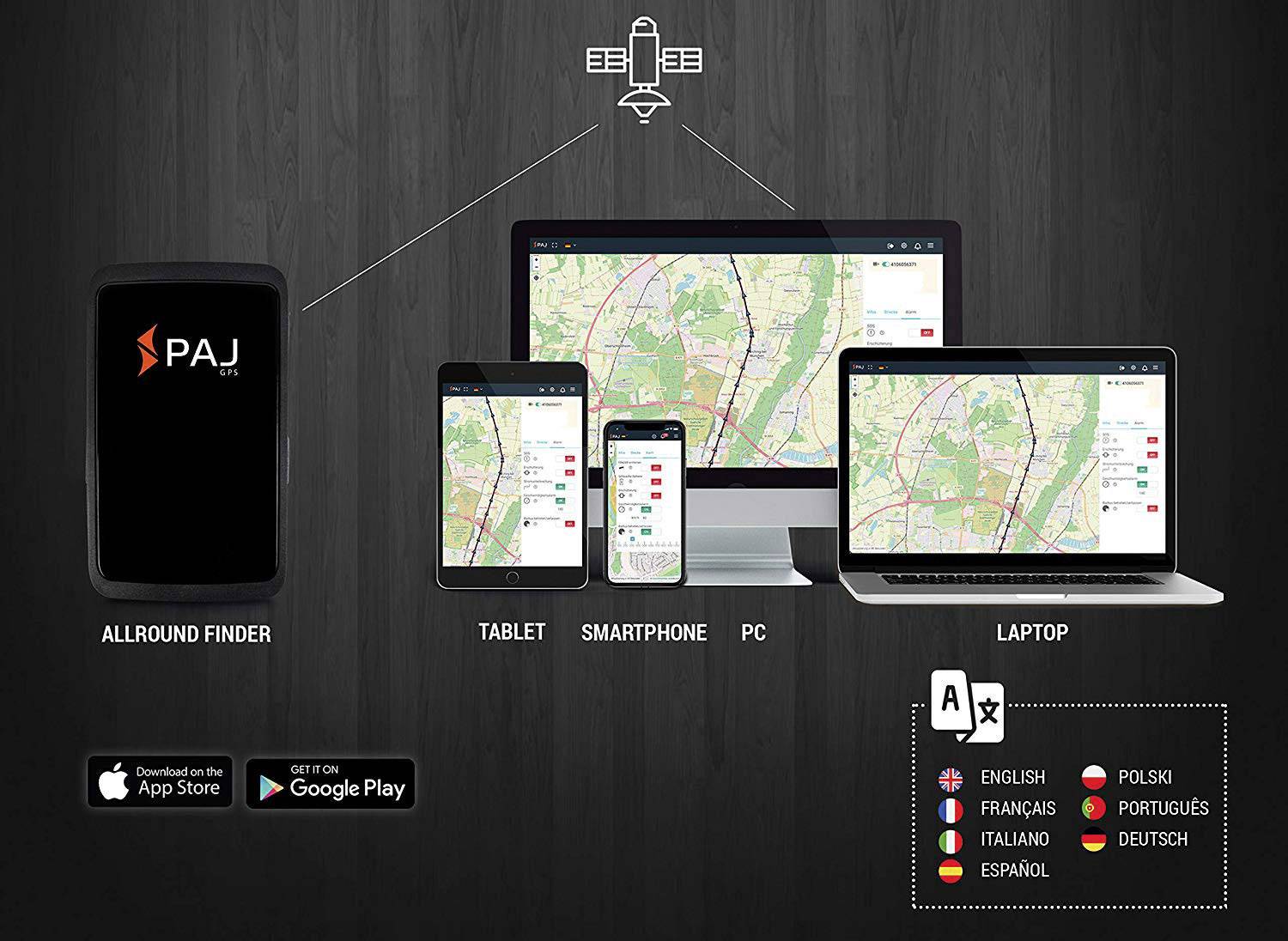 'ALLROUND FINDER' GPS Device Shows Map on Tablet, Smartphone, PC, Laptop. Supported Languages: English, French, Portuguese, Italian, German, Polish, Spanish.