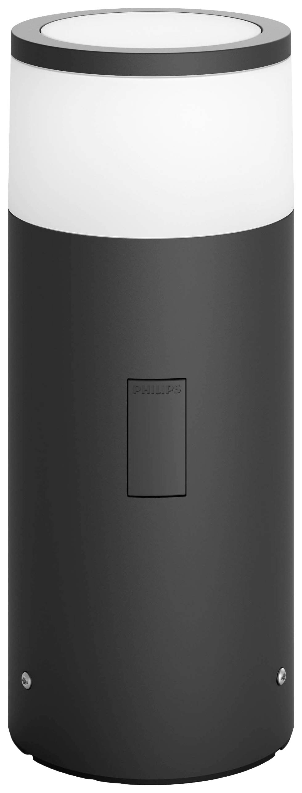 A grey outdoor light in a cylindrical shape, topped with a white, illuminating diffuser. Suitable for garden areas.