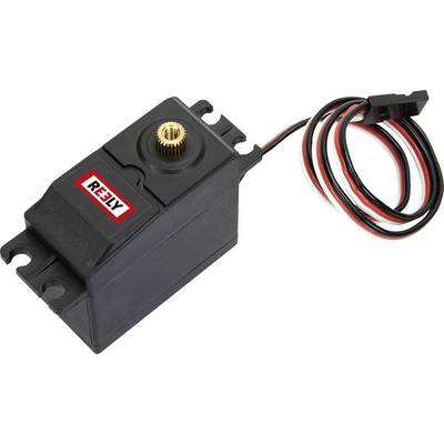 A black servo motor with gears and connecting cable, marked with the 'Reely' logo, on a white background.