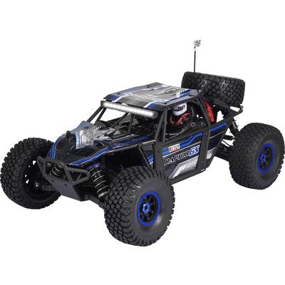 A remote-controlled model car in an off-road style with blue and black paintwork, chunky tyres, and a visible chassis frame.