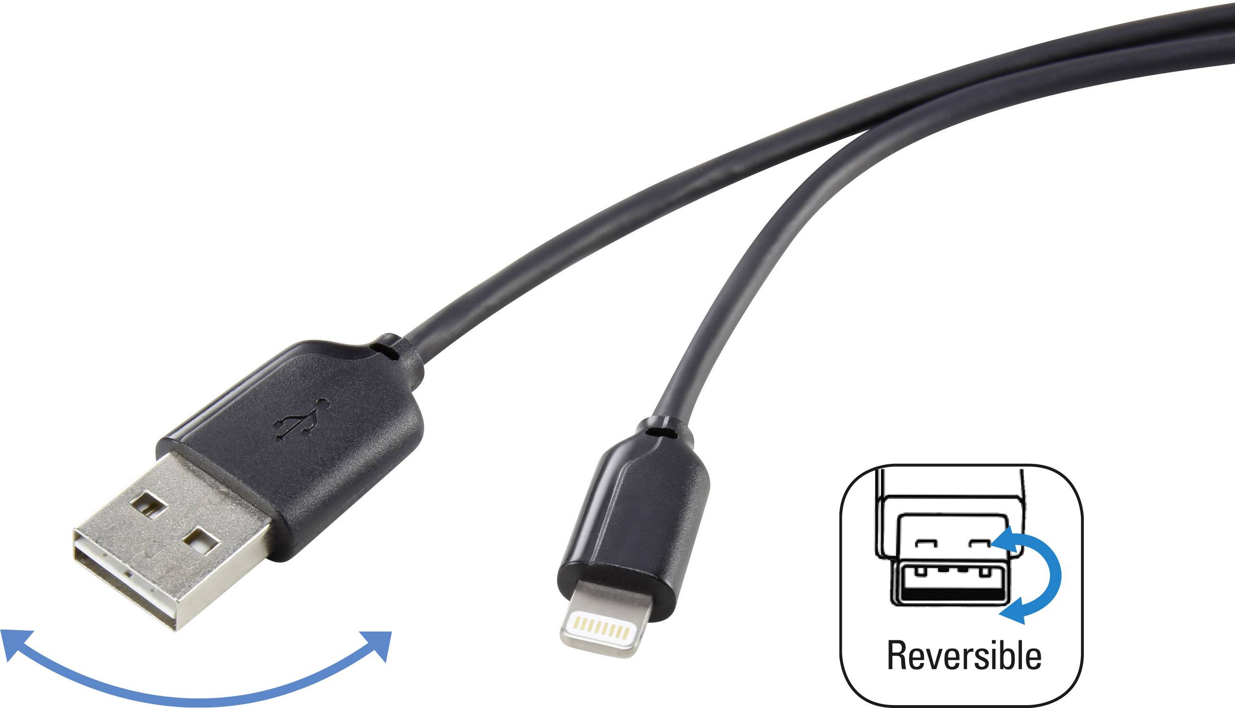 A USB-to-Lightning cable with a symbol highlighting the reversible use of the plug.