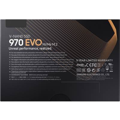 'Samsung 970 EVO NVMe M.2 SSD packaging with warranty information and logos of multiple certifications.'