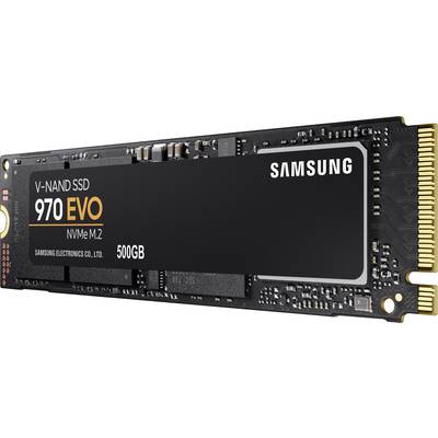 Black Samsung V-NAND SSD 970 EVO, 500 GB, NVMe M.2 storage card, rectangular with golden contacts on the right side.