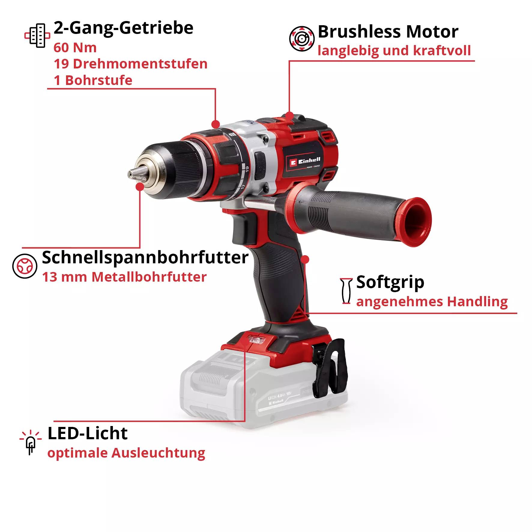 'Cordless drill with brushless motor, 2-speed gearbox, quick-release chuck, LED light, soft-grip for comfortable handling'.