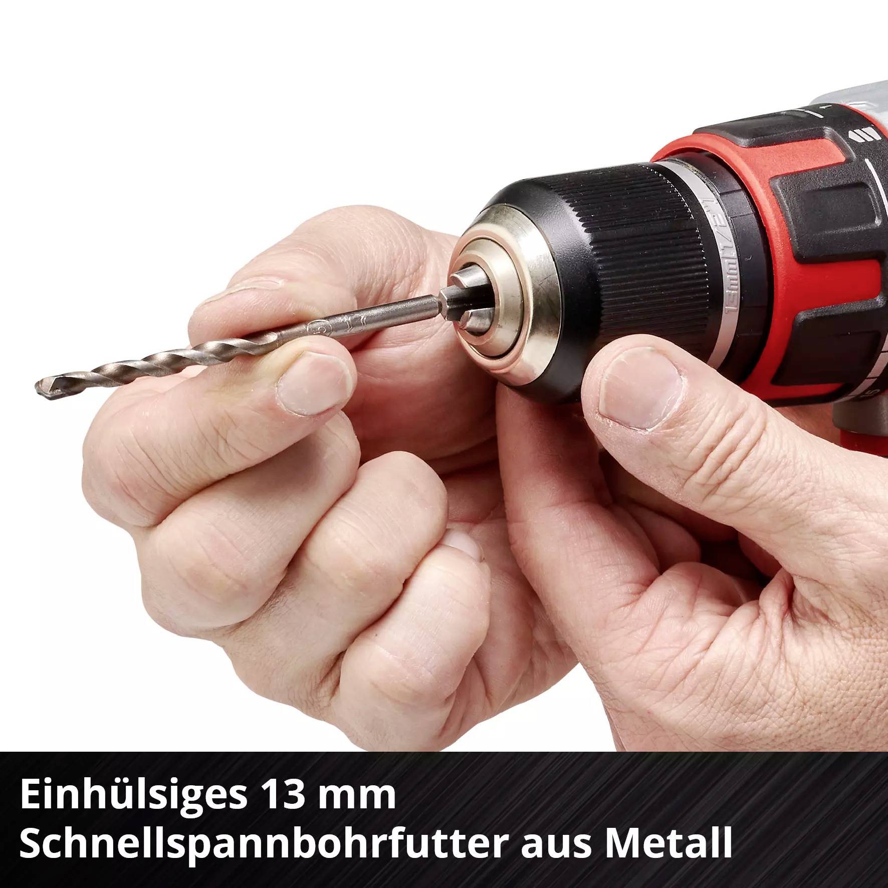 A hand is holding a drill with a single-sleeve quick-release metal chuck, suitable for precise drilling in metal.