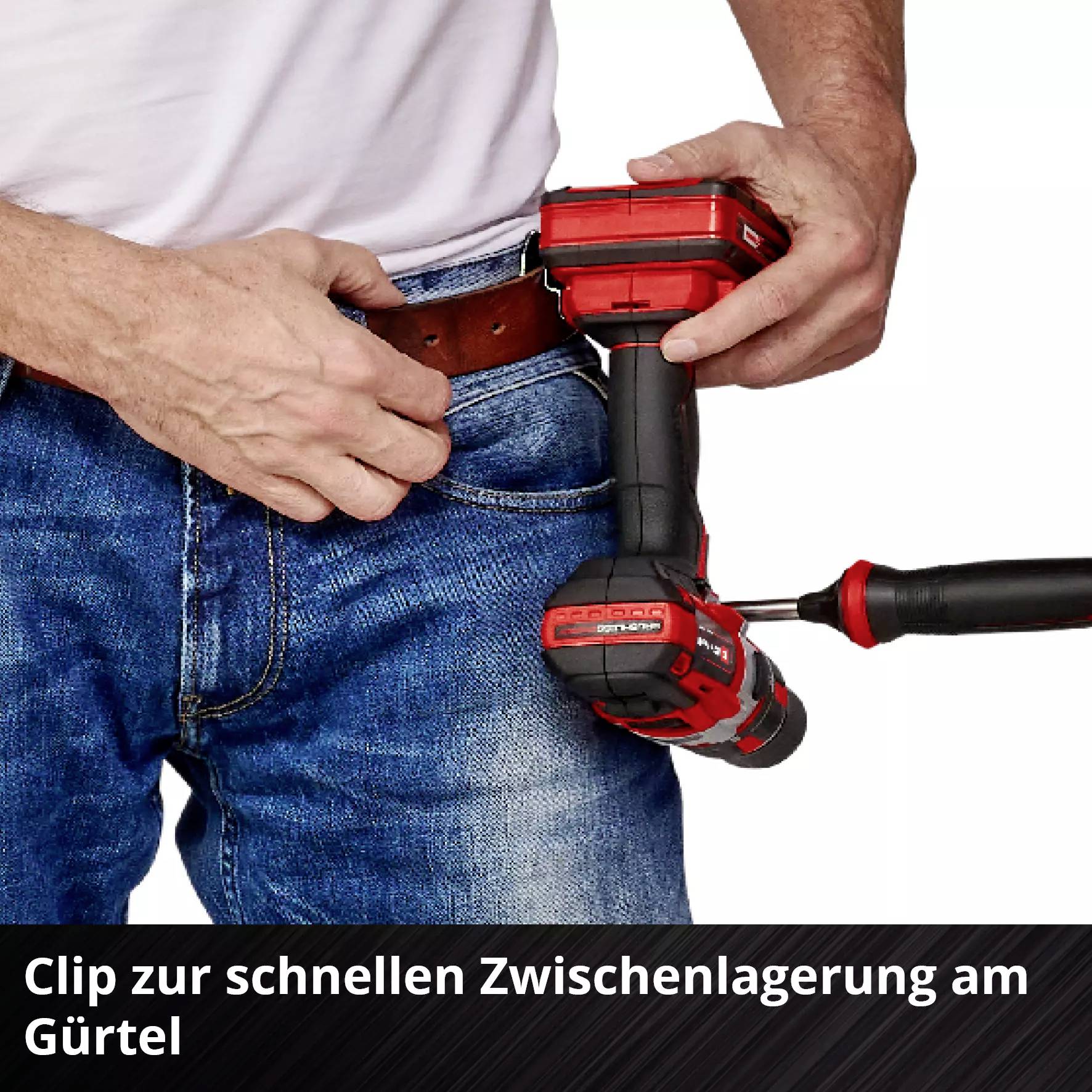 A person quickly attaches a belt clip to a cordless drill.