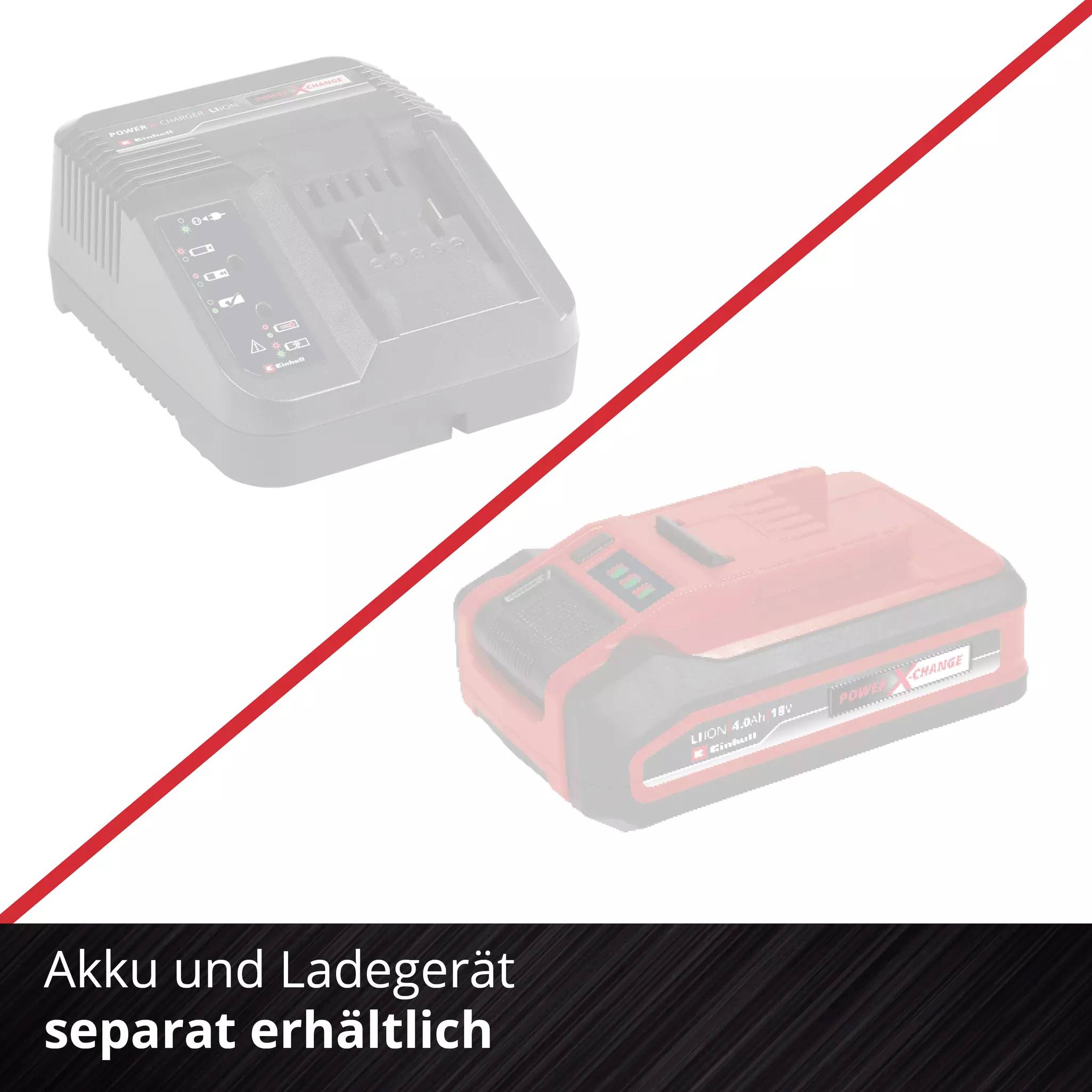 'Battery and charger sold separately' appears beneath images of a charger and a battery. The battery is highlighted.