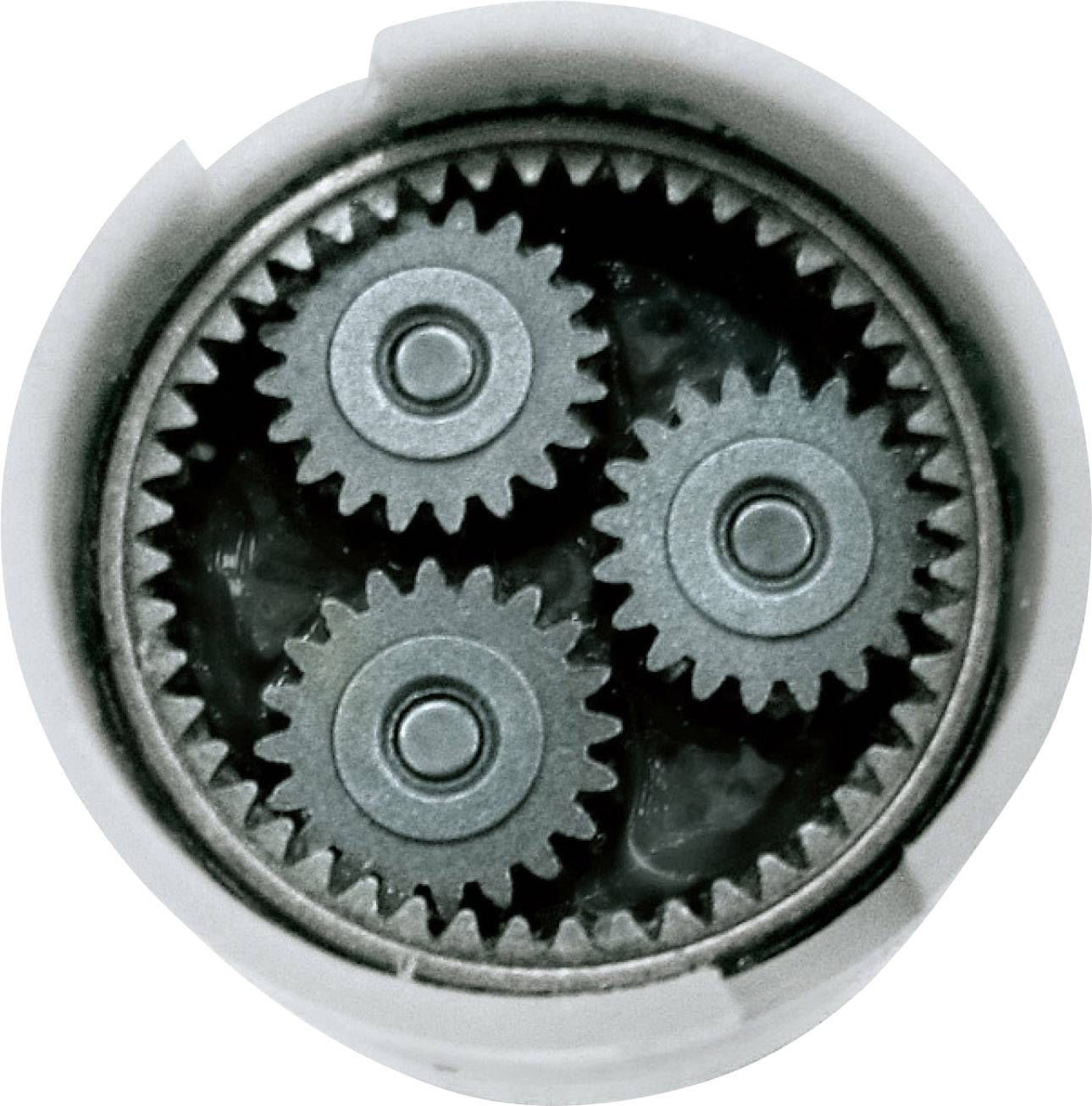 'Triple planetary gearbox with a central sun gear, surrounded by three smaller planet gears within a housing.'