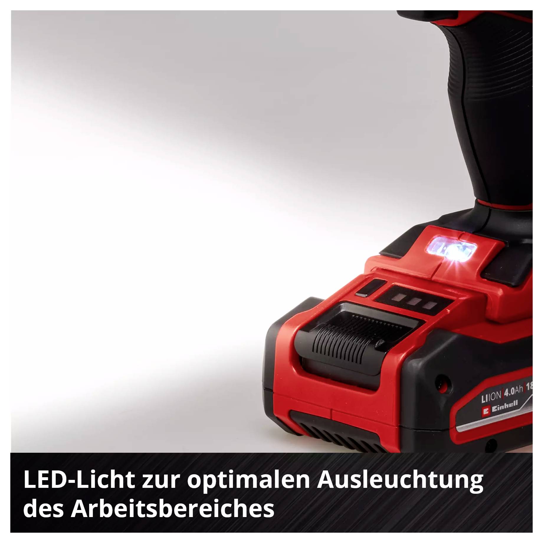 'LED-Licht zur optimalen Ausleuchtung des Arbeitsbereiches' text on red and black cordless tool with LED light in use.