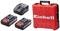 Charger and battery set with two batteries and charger, supplied in a red carrying case, marked with 'Einhell'.