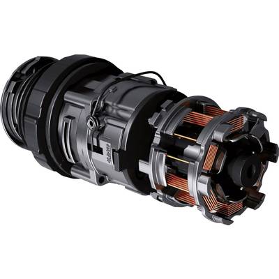 A black electromagnetic motor with copper coils and silver elements, displaying complex mechanical details and technology.