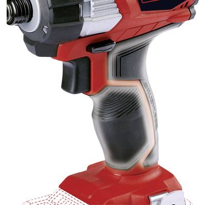 Cordless drill in close-up, red and black design, shown without battery. Focus on the ergonomic handle.