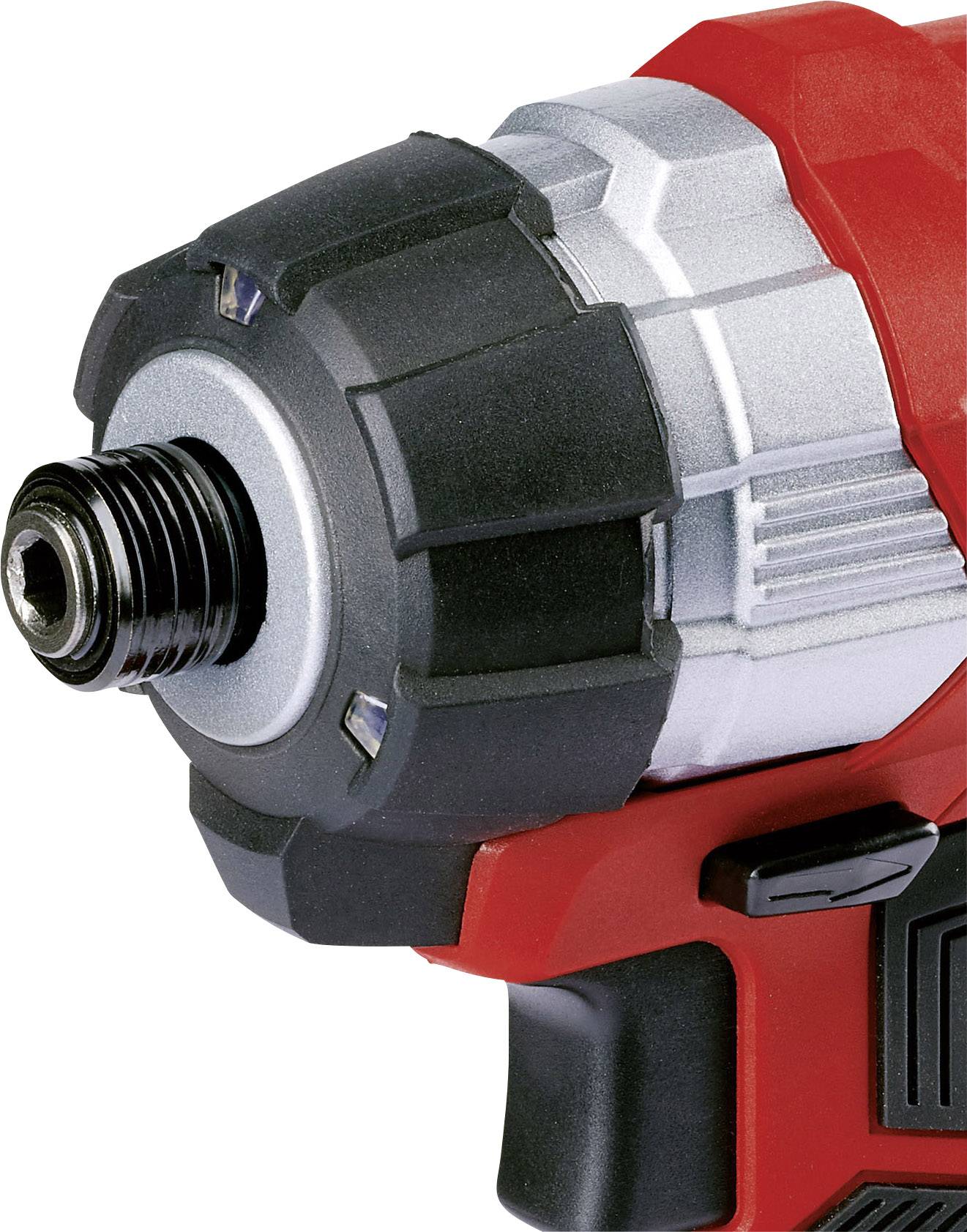 Close-up of a red electric impact driver with a black handle and silver head, suitable for DIY work.