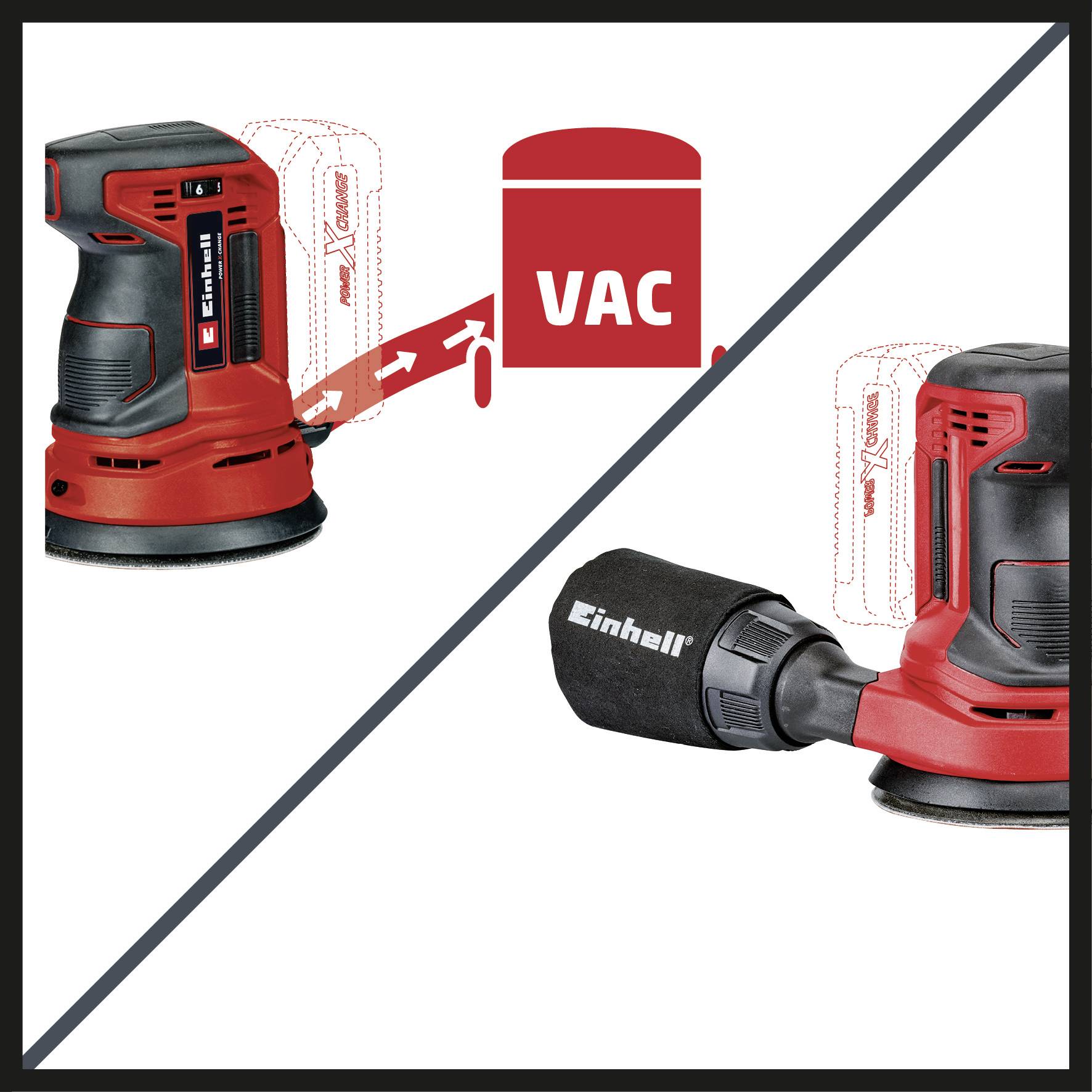 Electric oscillating sander in red and black. An illustration shows the potential connection to a vacuum cleaner attachment.