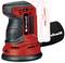 'Einhell' Orbital Sander from the 'Power X-Change' series, red-black, with dust collection bag. Battery status indicated by contour.