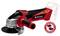 'Einhell' angle grinder, red and black, with handle. Shows battery slot outline and safety warning: 'No battery included'.