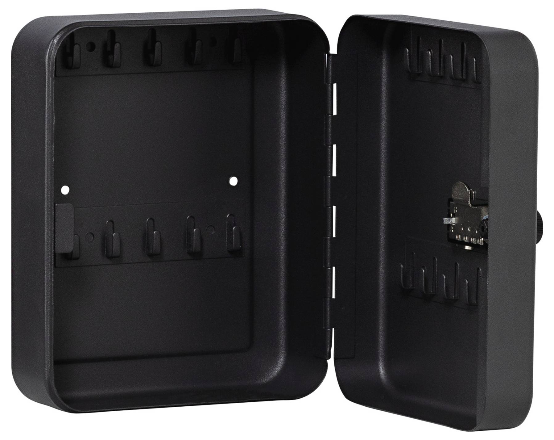 Black lockable key cabinet, open, with multiple hooks for storing keys.