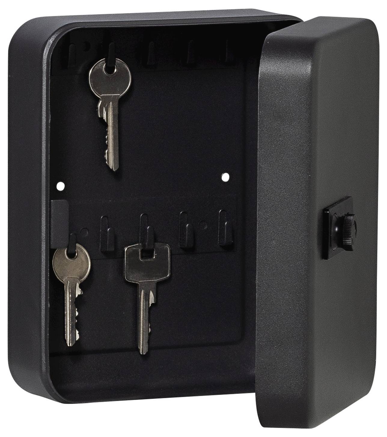 Black key cabinet with an open lid, showing three keys hanging on hooks inside.