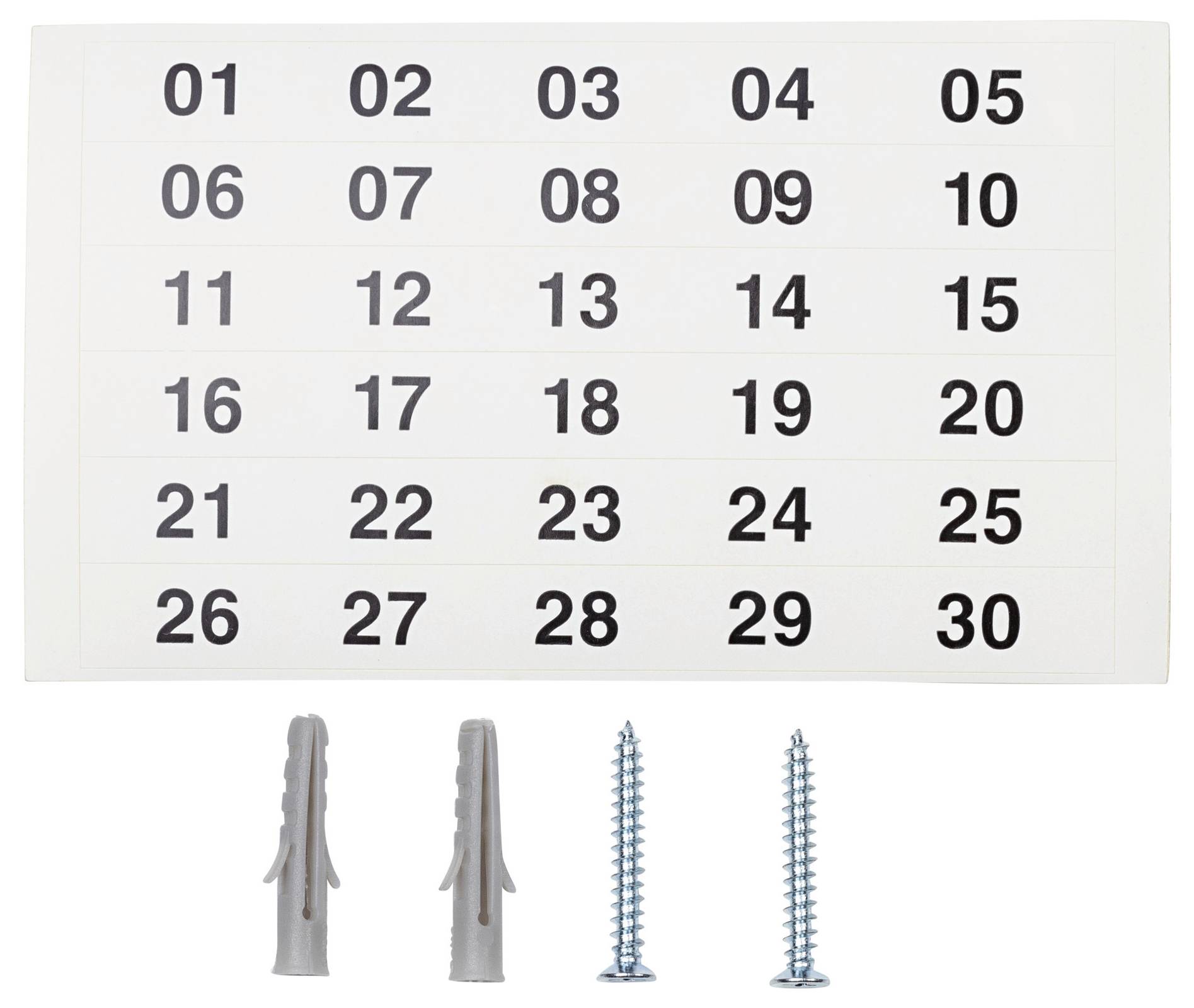 Table with numbers from 01 to 30 in five rows. Underneath, two grey wall plugs and two metal screws.